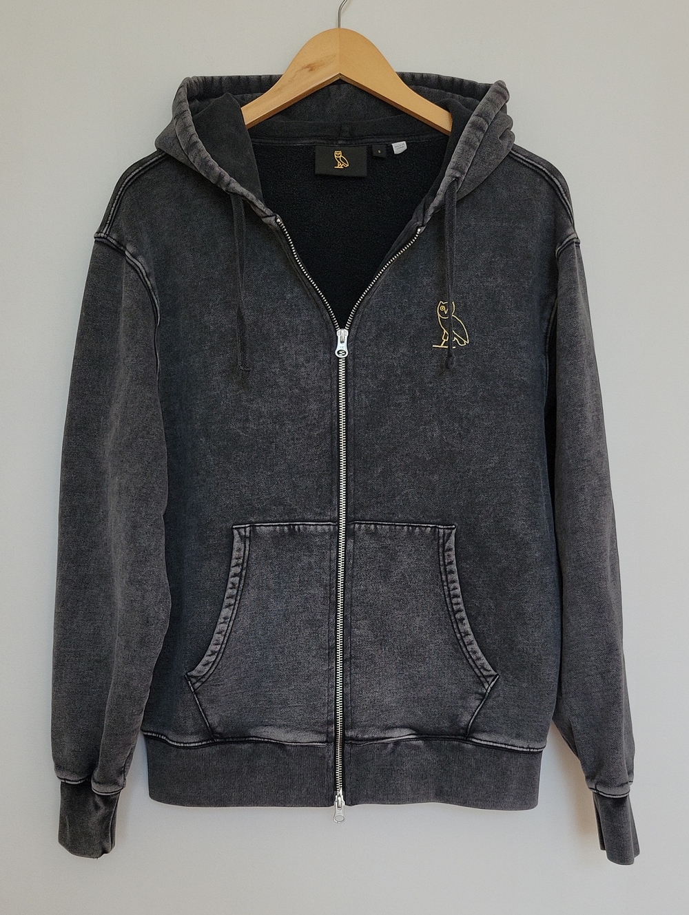 OVO Washed Charcoal Zip Hoodie with Gold Owl Emblem